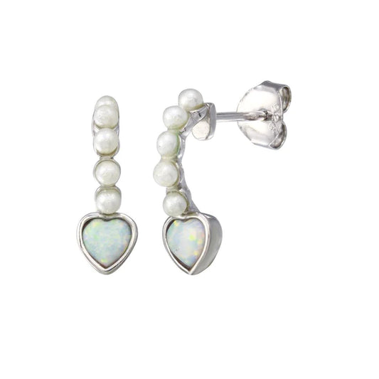 Silver 925 Rhodium Plated Climbing Heart Pearl Opal Earrings