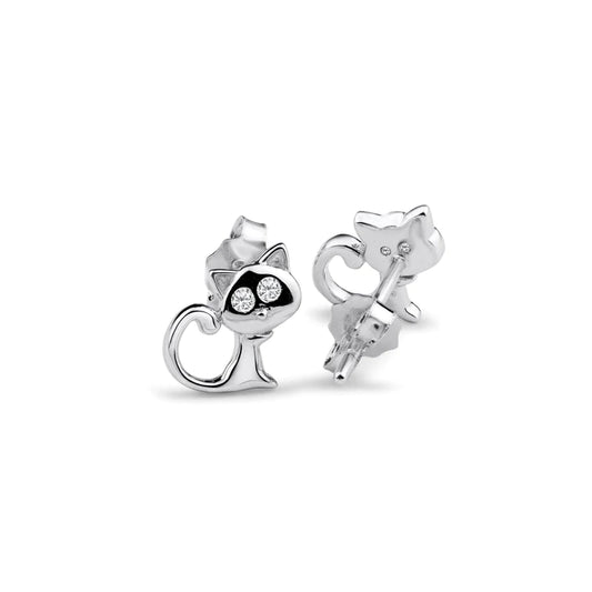 Silver 925 Rhodium Plated Cat Clear CZ Earrings