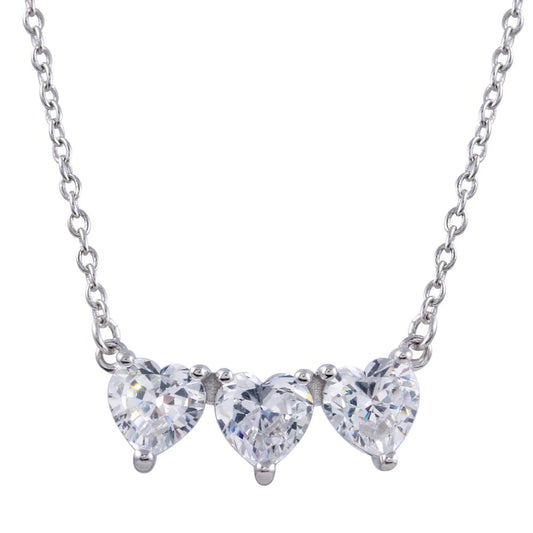 Sterling Silver Plated 3 CZ Hearts Necklace